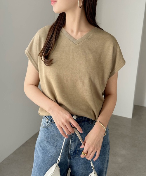andme tシャツ ニットソーフレンチスリーブVネックトップス