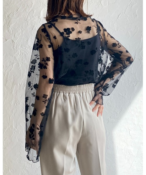She's Closet tシャツ 花柄長袖フレアスリーブメロウハイネック