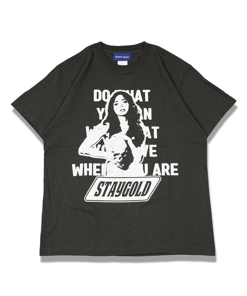 GOLDEN  クラフィックフリントクルネックTシャツ STAY GOLD tシャツ 「STAYGOLD」グラフィティ リンガーネック T