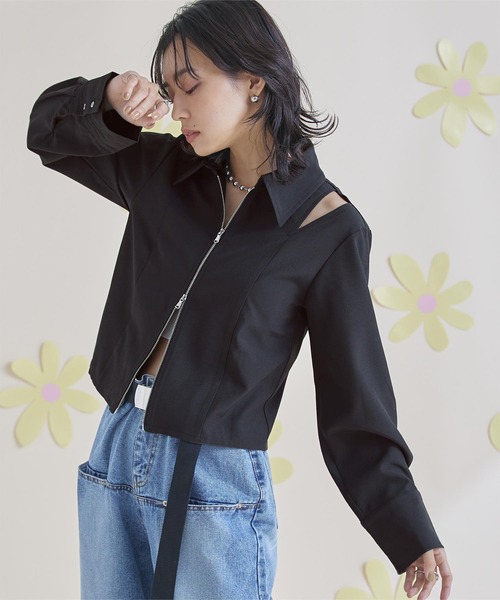 ブラウス シャツ ドーミーシャツ レディース メンズ miette ブラウス シャツ ショルダーカットアウトフロントジップ