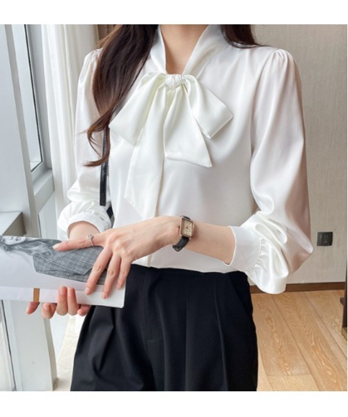 ブラウス シャツ ハーフプラケットリボンシャツ レディース KOEISTORE ブラウス レディース 春 夏 春夏 黒 白 シャツ サテン