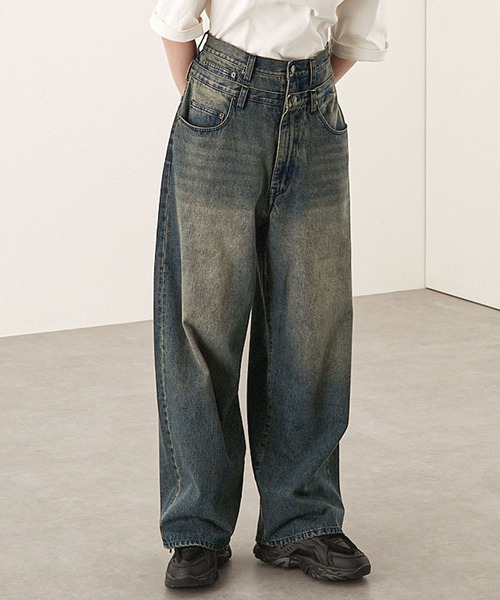 エイプ 初期 デニム ワイド ブルー　ヒゲ L パンツ 90s ワイドパンツ ジーンズ 「Alfred Alex」ヴィンテージメイク ダブル