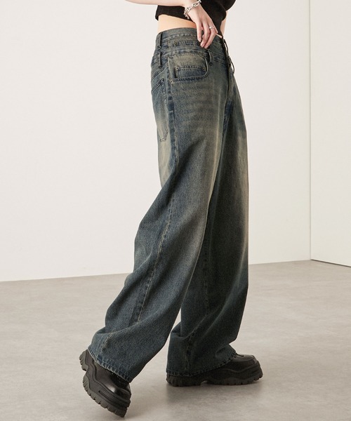 ダブルウエストプリントデニム ジーンズ 「Alfred Alex」ヴィンテージメイク ダブルウエスト ワイド