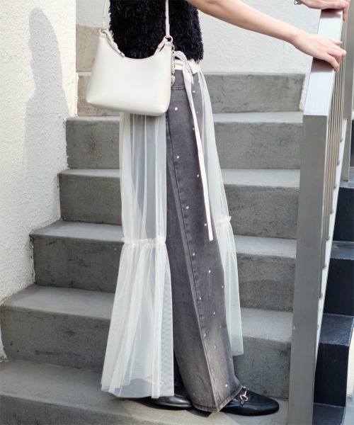 ✨美品✨JIU チュールティアードスカート ベルト付 大人可愛い 大きいサイズ＞チュールティアードスカート(ペチスカート付
