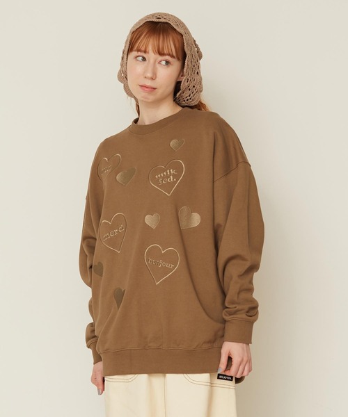 スウェット ミルクフェド MILKFED HEARTS EMBROIDERY SWEAT TOP レディース トレーナー ピンク 黒 MILKFED. トレーナー スウェット HEARTS EMBROIDERY SWEAT TOP