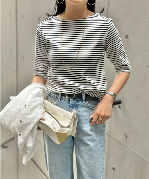 tシャツ ライトダンボール抜き衿ハーフスリーブプルオーバー レディース eM tシャツ ライトダンボールボートネックハーフスリーブプル