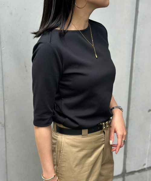 tシャツ ライトダンボール抜き衿ハーフスリーブプルオーバー レディース eM tシャツ ライトダンボールボートネックハーフスリーブプル