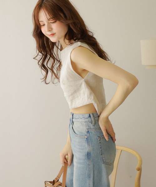 ブラウス シャツ linen cropped sleeveless tops /リネンクロップド