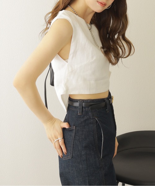 ブラウス シャツ linen cropped sleeveless tops /リネンクロップド