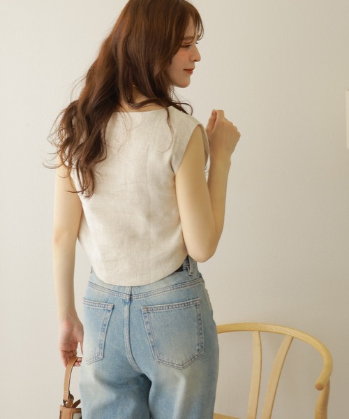 ブラウス シャツ linen cropped sleeveless tops /リネンクロップド