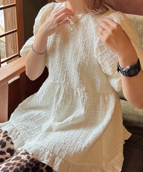 ブラウス シャツ ふくれジャガードオーバーサイズペプラムブラウス レディース