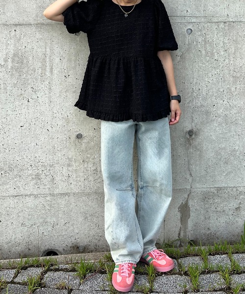 JUNOAH ふくれジャガードペプラムブラウス JUNOAH（ジュノア） ブラウス シャツ ふくれジャガードオーバーサイズ