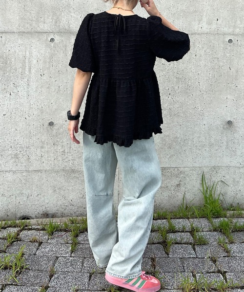 JUNOAH ふくれジャガードペプラムブラウス JUNOAH（ジュノア） ブラウス シャツ ふくれジャガードバックリボン