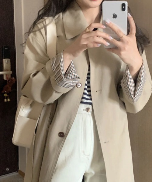 cammie ステンカラーコート コート 裏地チェックステンカラーロング