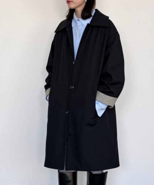 レディース44レオナール 総柄裏地 中綿 コート 黒 cammie ステンカラーコート コート 裏地チェックステンカラーロング