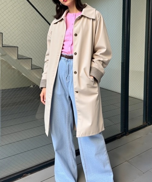 cammie ステンカラーコート コート 裏地チェックステンカラーロング