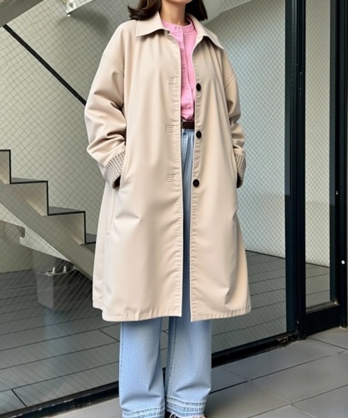 ベージュ コート チェック裏地 20%OFF 会員価格適用外】[Merfirge]【弱撥水加工】綿混 ステンカラー