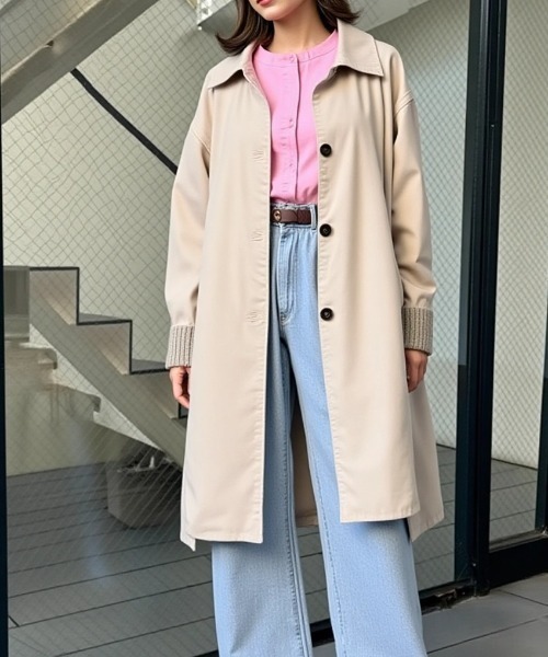 cammie ステンカラーコート コート 裏地チェックステンカラーロング