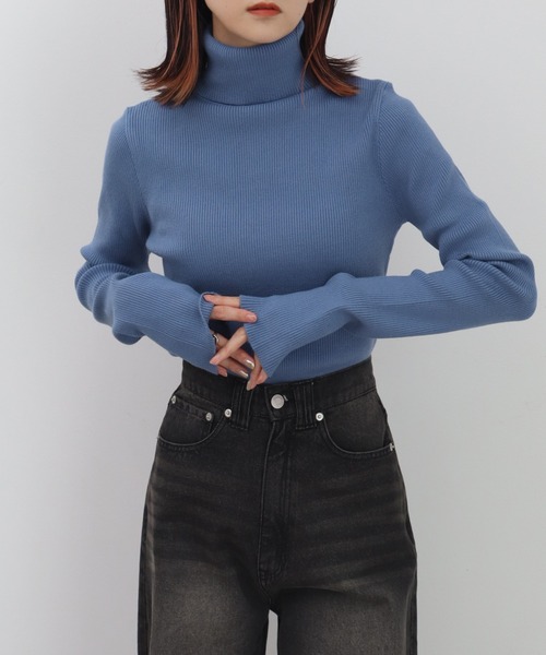 新品未使用！　イデアルーチェ　リブタートルニット　ブルー INDIVI｜【洗える/毛玉になりにくい】エクストラファインウール リブ