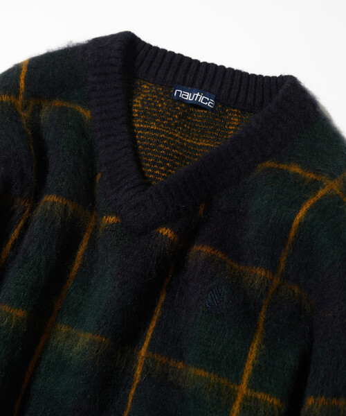 モヘア ウィンドチェック Vネックプルオーバー　グリーンチェックニット FREAK'S STORE（フリークスストア） ニット セーター NAUTICA