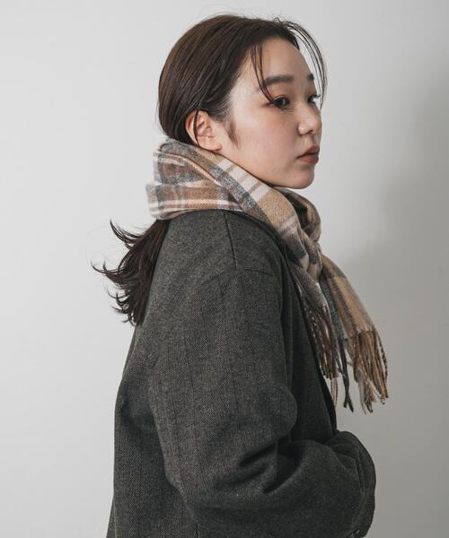 【人気】　45R wool縮絨ストール　マフラー　Rロゴ　チェック柄　フリンジ 人気】 45R wool縮絨ストール マフラー Rロゴ チェック柄 フリンジ