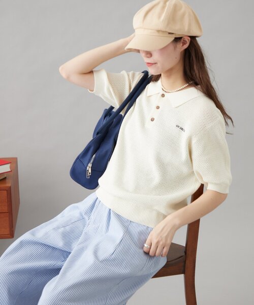 「GEVACO」 半袖ニット LARGE ネイビー レディース_画像2