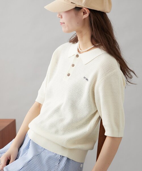 「GEVACO」 半袖ニット LARGE ネイビー レディース_画像3