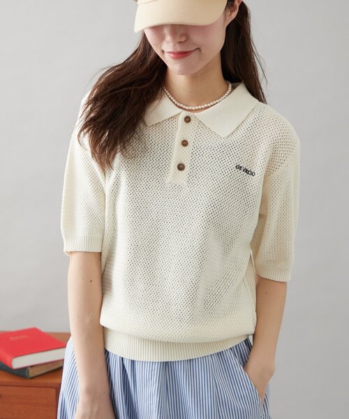 「GEVACO」 半袖ニット LARGE ネイビー レディース_画像4