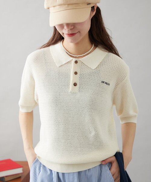 「GEVACO」 半袖ニット LARGE ネイビー レディース_画像5