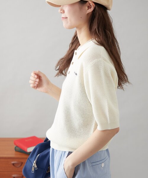 「GEVACO」 半袖ニット LARGE ネイビー レディース_画像6