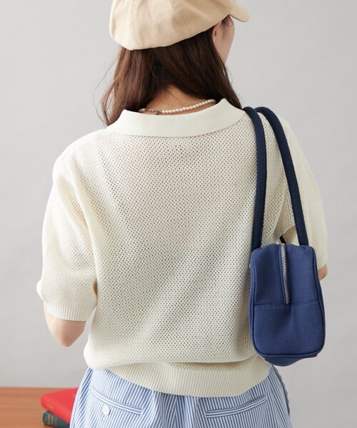 「GEVACO」 半袖ニット LARGE ネイビー レディース_画像7