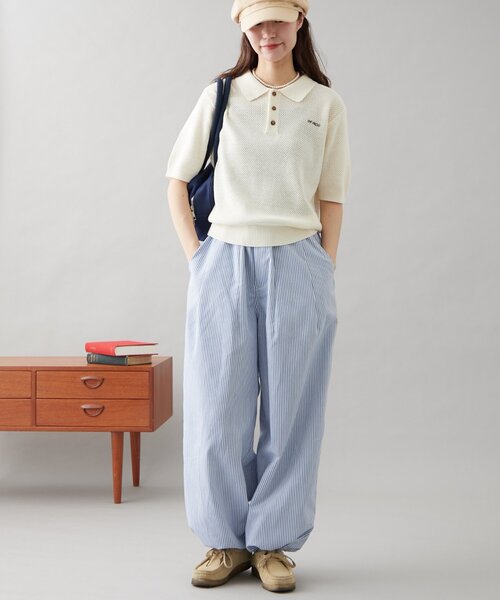 「GEVACO」 半袖ニット LARGE ネイビー レディース_画像8