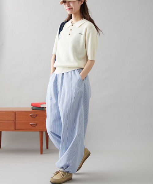 「GEVACO」 半袖ニット LARGE ネイビー レディース_画像9
