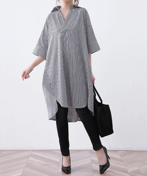 ブラウス シャツ ストライプロングシャツ シャツワンピース