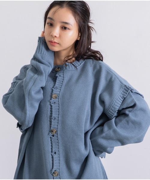 カーディガン ダメージマルチクルーニットカーディガン レディース