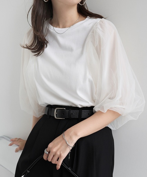 andme（アンドミー） tシャツ チュールドッキングボリューム袖トップス