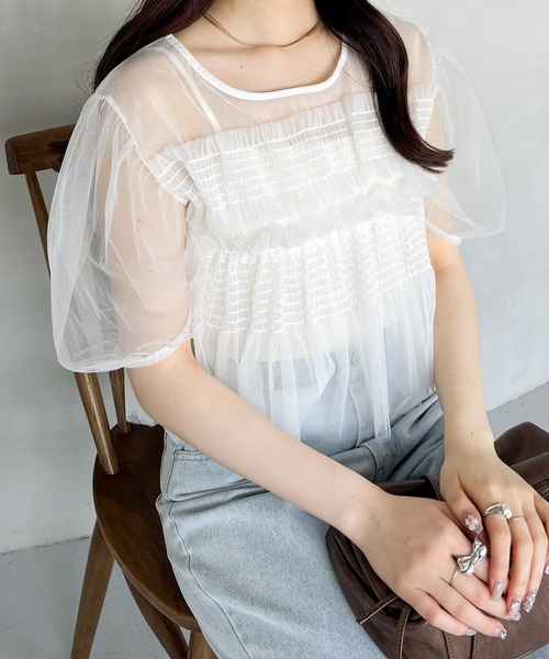 Heather tシャツ チュールシャーリングショートスリーブプル