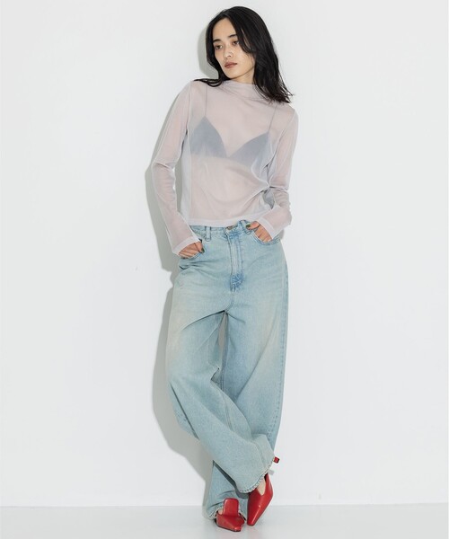 tシャツ 「STUDIOUS/ステュディオス」「モードに-5kg見え」リブパネルシアートップス/ストレッチ/ノンストレス レディース STUDIOUS tシャツ 「STUDIOUS/ステュディオス」「モードに-5kg