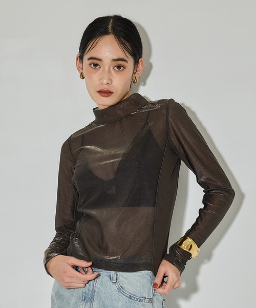 tシャツ 「STUDIOUS/ステュディオス」「モードに-5kg見え」リブパネルシアートップス/ストレッチ/ノンストレス レディース STUDIOUS tシャツ 「STUDIOUS/ステュディオス」「モードに-5kg