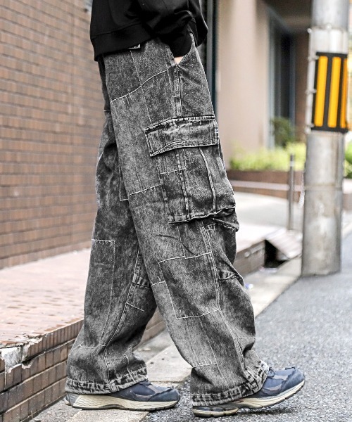LUXSTYLE ジーンズ デニムパッチワークパターンカーゴパンツ