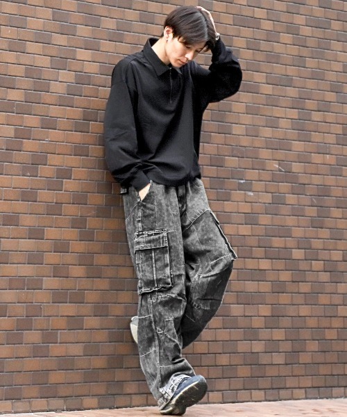 新品渋谷B'2nd購入LUSOR ブラックカーゴパンツ　　デニム　ジーンズ LUXSTYLE ジーンズ デニムパッチワークパターンカーゴパンツ