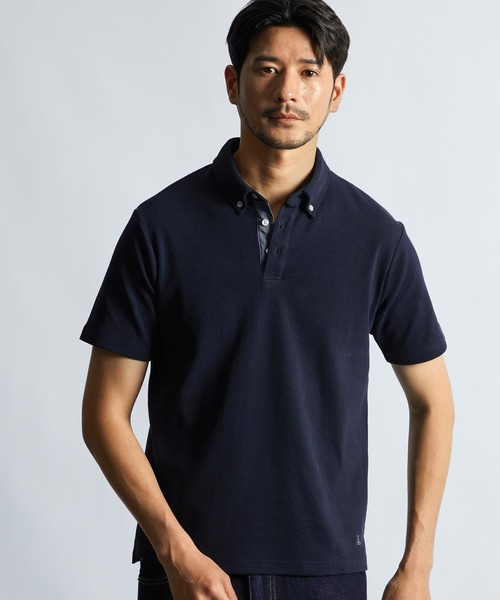 LANVIN - ランバンスポール　38 半袖ポロシャツ　メンズ　ネイビー　ブルー　バイカラー LANVIN SPORT 総柄プリントハイネックシャツ【蓄熱保温/吸汗速乾