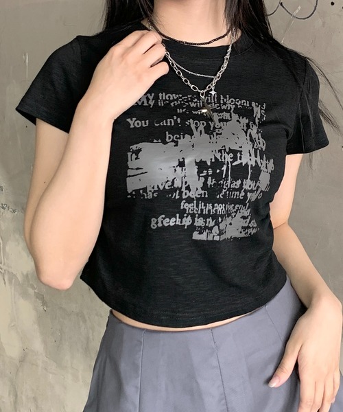 lilful tシャツ サイドギャザー プリント コンパクトピチTシャツ