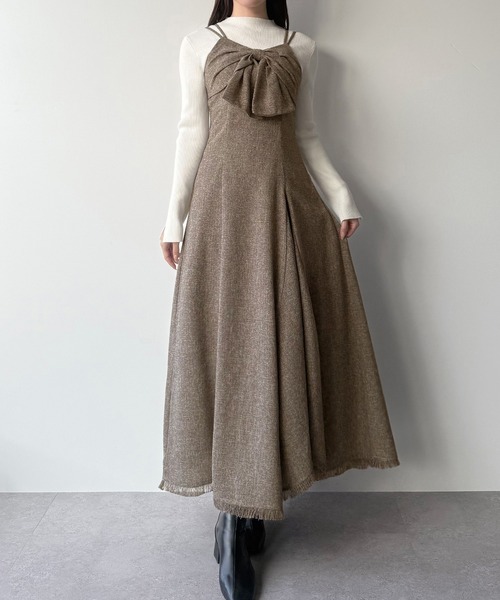 新品♡セルフポートレート プリーツワンピース　おまけベージュキャミ付けます♡ mipiarl ワンピース 薄手ツイードフロントリボンラッフルキャミ
