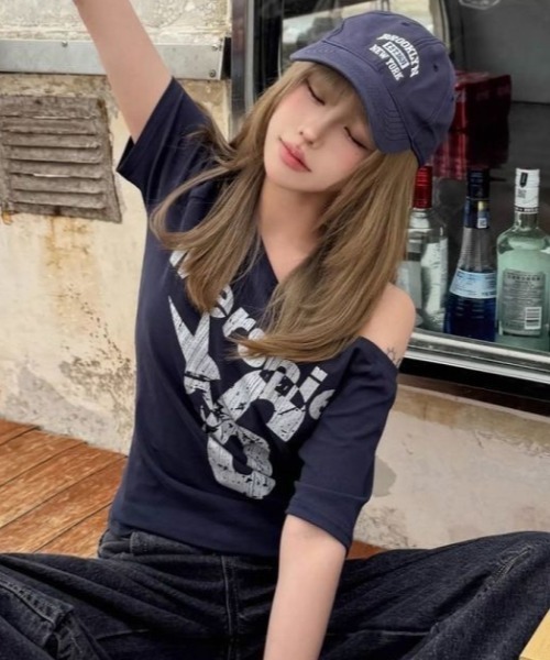 tシャツ ホルターネックオフショルダーロゴTシャツ レディース SHEENA tシャツ オフショルナンバリングロゴTシャツ レディース