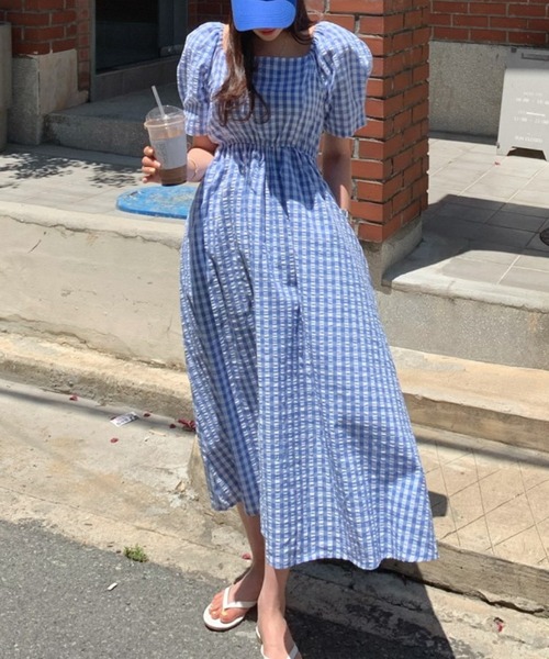 ワンピース ギンガムチェックパフスリーブワンピース : ZOZOTOWN Yahoo