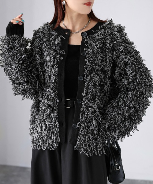 【新品】styling/ ループヤーン カーディガン GRY フリー カーディガン ループヤーンニットショートカーディガン レディース