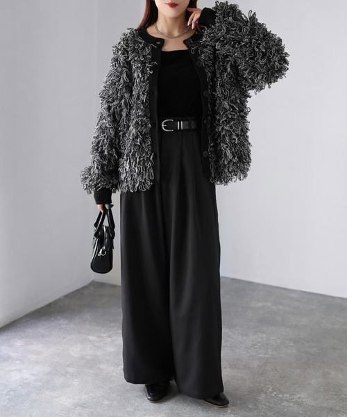 【新品】styling/ ループヤーン カーディガン GRY フリー カーディガン ループヤーンニットショートカーディガン レディース