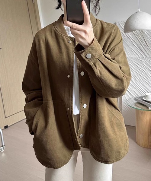 ジャケット ノーカラージャケット 配色ボタンゆるシルエットライト