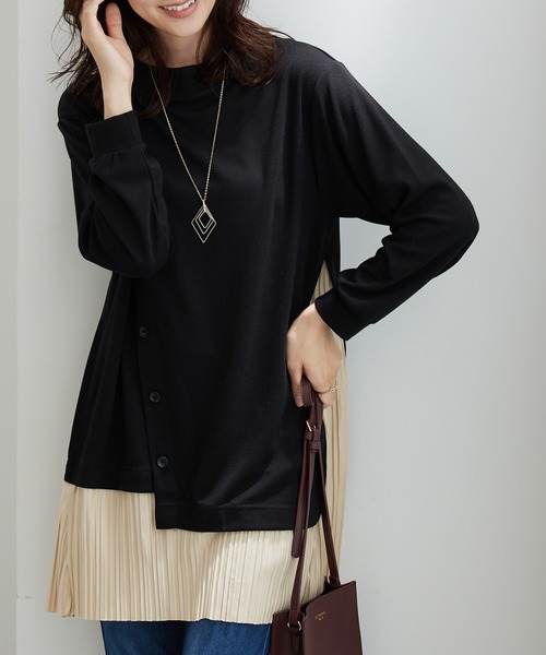 ブラック プリーツ ノースリーブ チュニック　ボタン BELLUNA PLUS（ベルーナプラス） チュニック 裾プリーツ切替ボタン使い